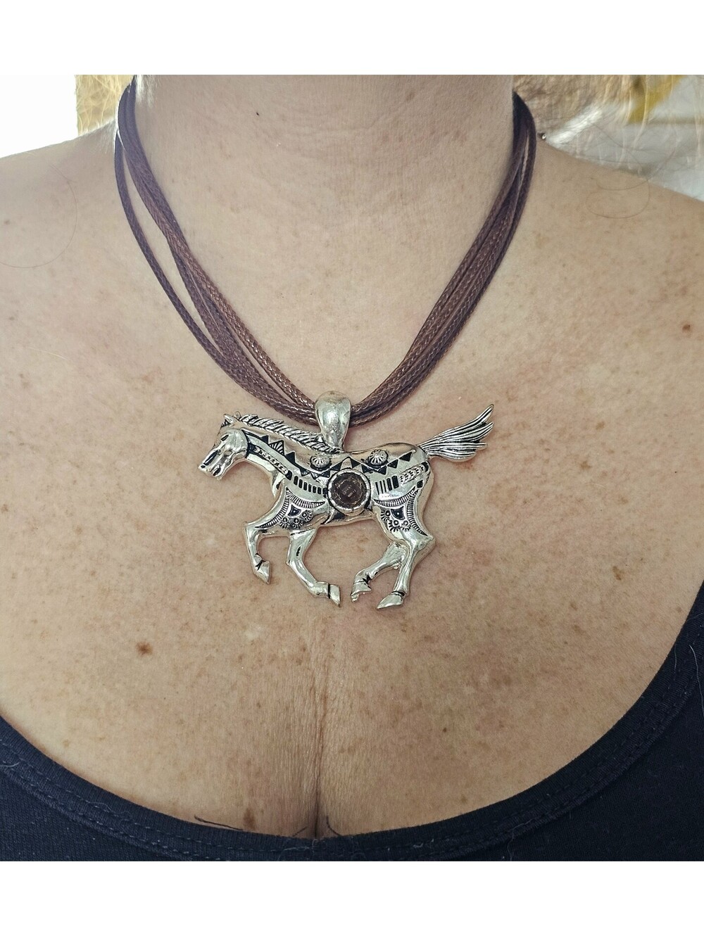 Silver Tone Horse Pendant Brown Vegan Leather Adjustable Necklace Genuine Smoky